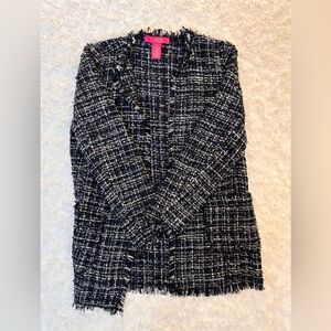 Catherines Navy and White Tweed Fringed Open-Front Jacket